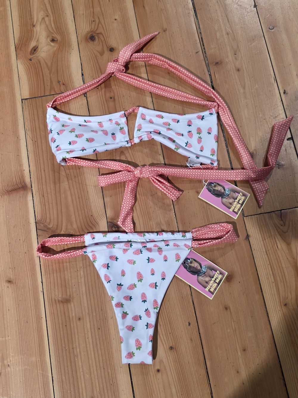 Strawberry Milk Mob Strawberry Print White & Coral Polka Dot Bikini